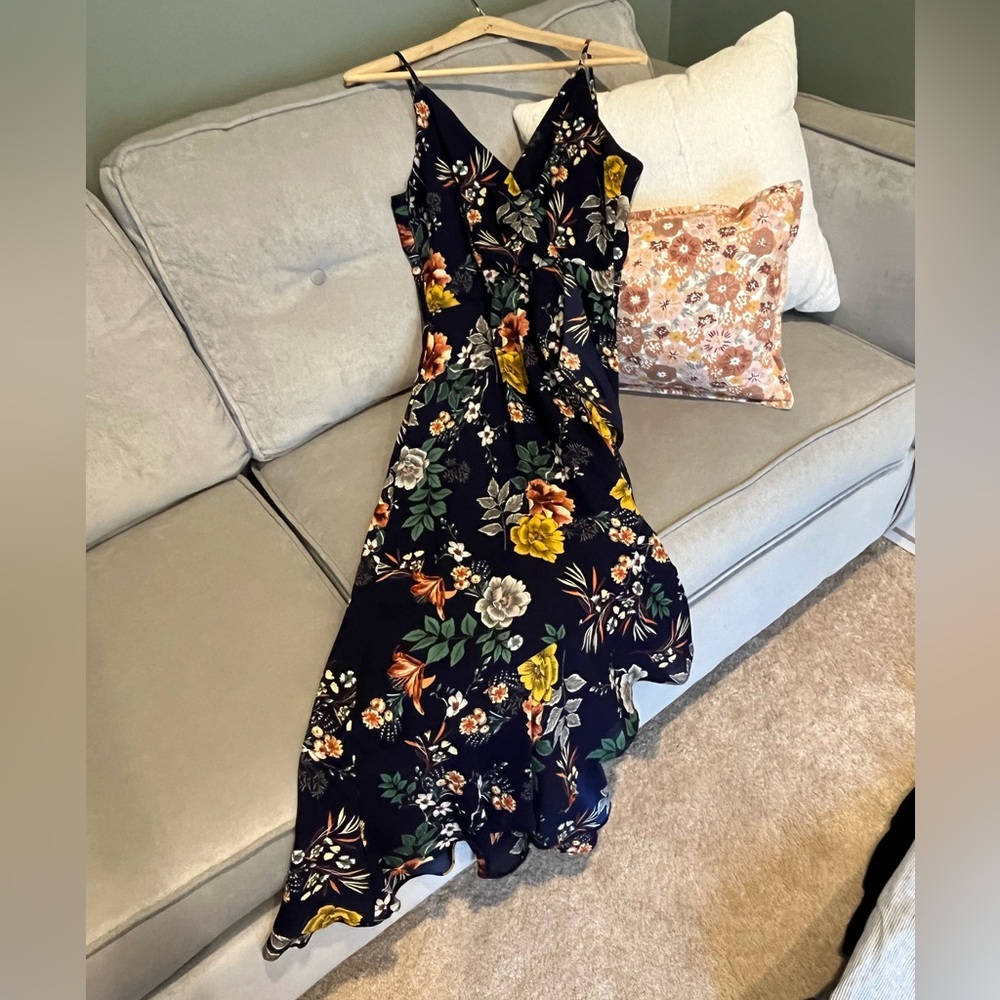 Navy blue floral asymmetrical faux wrap midi dress Chelsea28 size XS